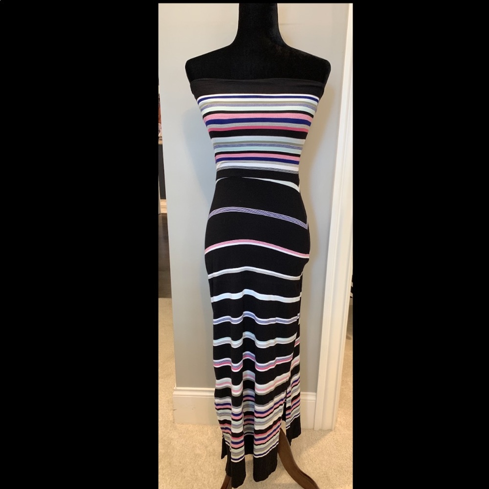Black and Multi Colored Strapless Midi Dress